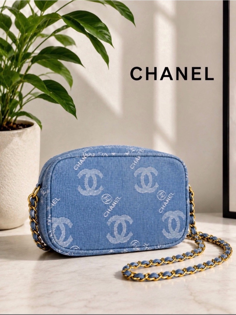 New Novelty CC Blue Denim Novelty Crossbody Makeup Bag With Gold Accents